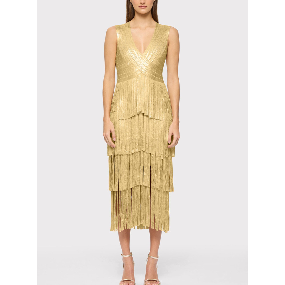 Herv� L�ger Gold V Neck Foil Fringe Sleeveless Midi Dress Size XS